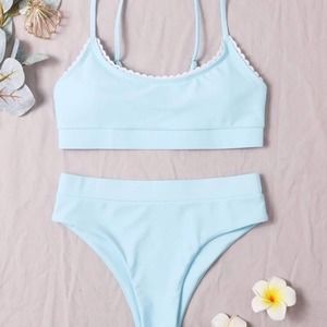 Baby blue lace spaghetti strap wireless bra high waist bikini swimsuit Sz XL